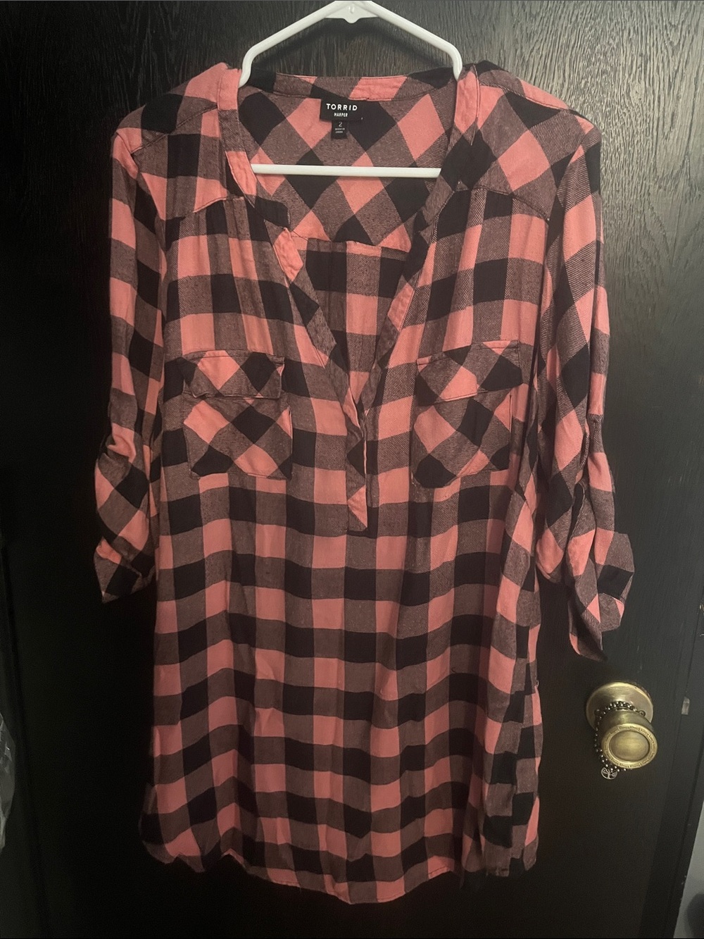torrid Pink and Black Plaid Roll-Tab Tunic Shirt